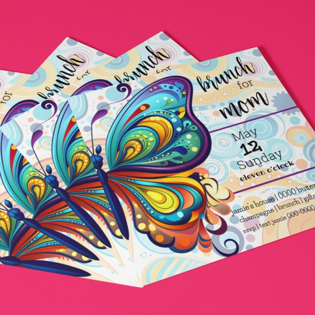Farbenfrohe Schmetterlinge | Brunch für die Mama Einladung (Bright & bold butterflies on a customizable Mother's Day Brunch invitation. Rainbow themed. )