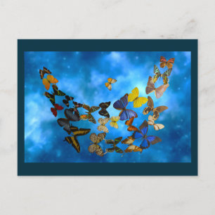 Farbenfrohe Schmetterlinge, die über blaue Wolken  Postkarte