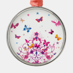 Farbenfrohe Schmetterlinge mit Kronkunstdruck Silbernes Ornament
