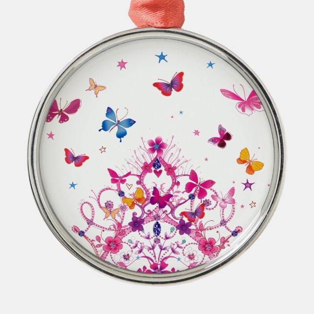 Farbenfrohe Schmetterlinge mit Kronkunstdruck Silbernes Ornament (Vorne)