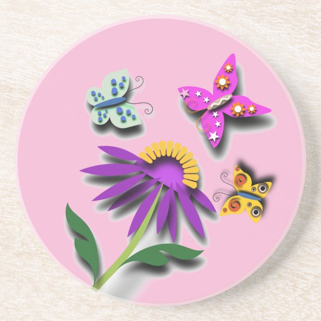 Farbenfrohe Schmetterlinge und Blume Getränkeuntersetzer (Vorne)