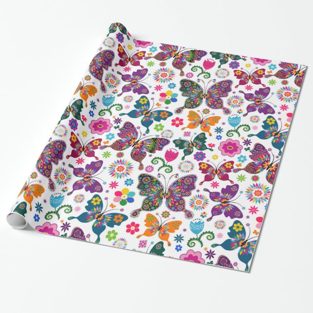 Farbenfrohe Schmetterlinge und Blume Muster Geschenkpapier (Ungerollt)