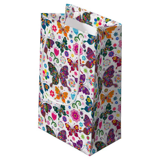 Farbenfrohe Schmetterlinge und Blume Muster Kleine Geschenktüte (Rückseite Schrägansicht)