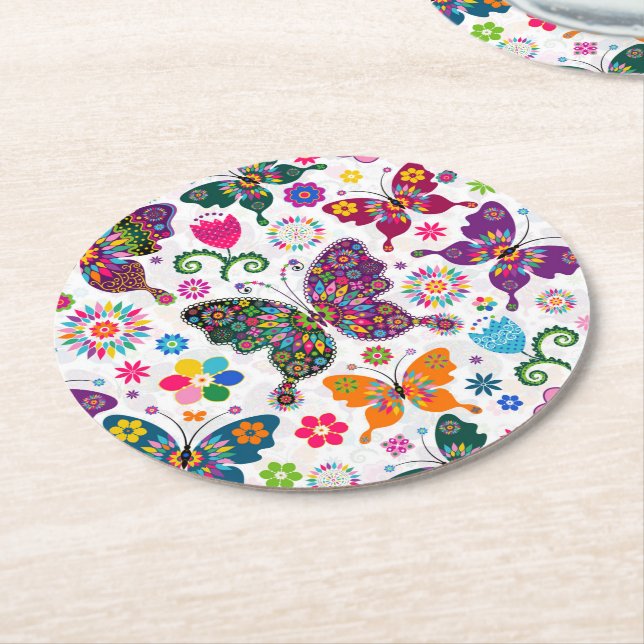 Farbenfrohe Schmetterlinge und Blume Muster Runder Pappuntersetzer (Angewinkelt)