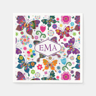 Farbenfrohe Schmetterlinge und Blume Muster Serviette