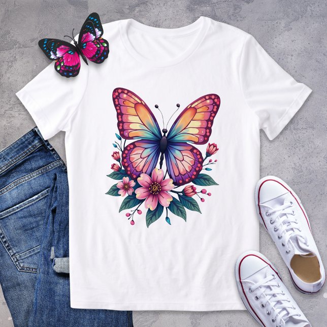Farbenfrohe Schmetterlinge und florales grafisches Tri-Blend Shirt (Von Creator hochgeladen)