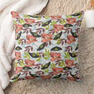 Farbenfrohe Schmetterlinge und rotes Mohnmuster Kissen