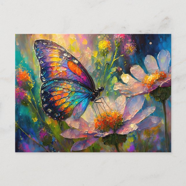 Farbenfrohe Schmetterlinge und Wildblumen bei Sonn Postkarte (Vorderseite)