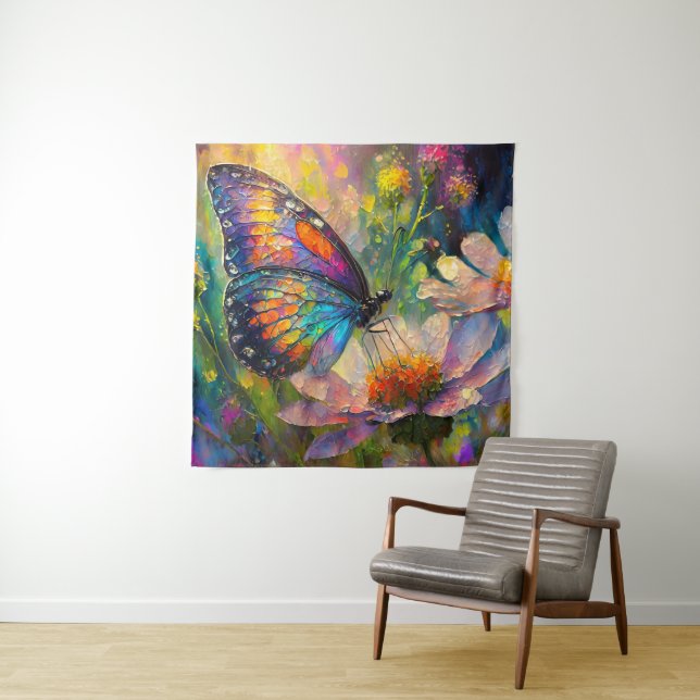 Farbenfrohe Schmetterlinge und Wildblumen bei Sonn Wandteppich (Beispiel)