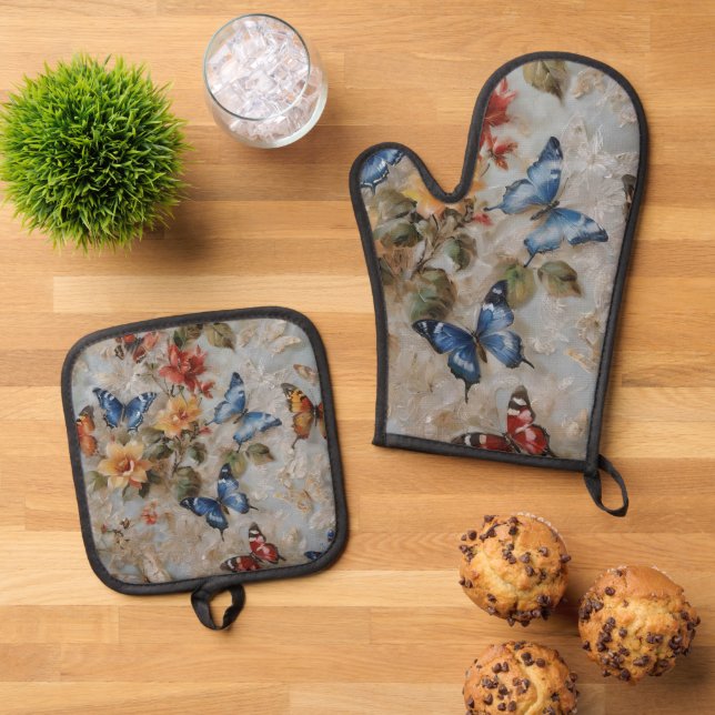 Farbenfrohe Schmetterlingsfarbe Ofenhandschuh & Topflappen-Set (Oben Unten)