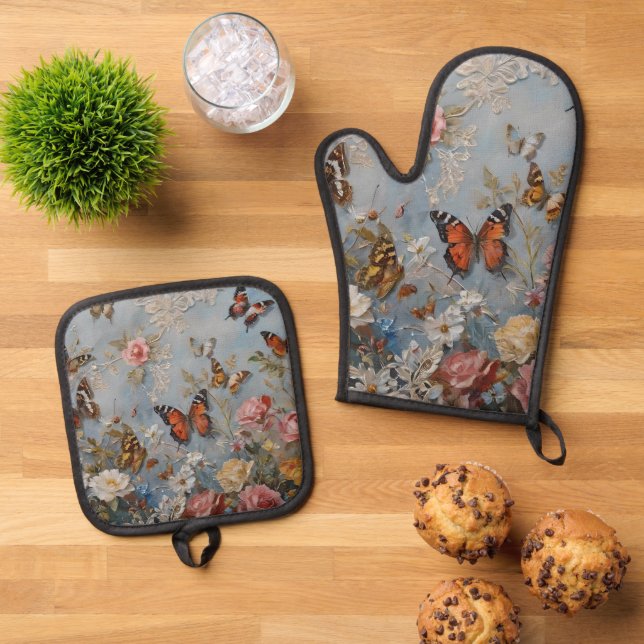 Farbenfrohe Schmetterlingsfarbe Ofenhandschuh & Topflappen-Set (Oben Unten)