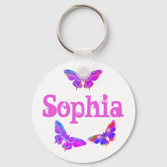 Farbenfrohe Schmetterlingskunst Rosa Sophia Name Schlüsselanhänger (Vorderseite)