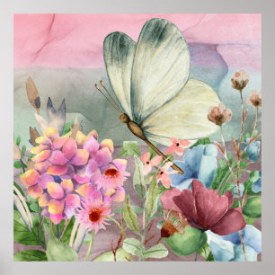 Farbenfrohe Schmetterlingsküsse unter Wildblumen Poster