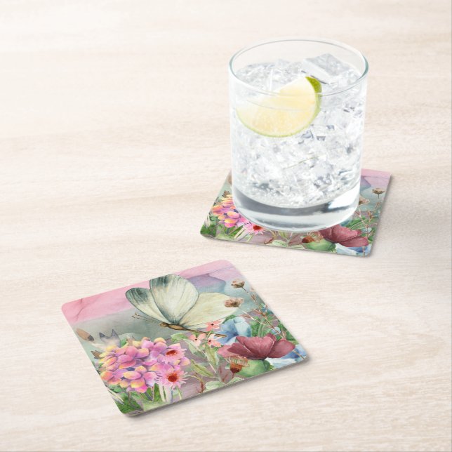 Farbenfrohe Schmetterlingsküsse unter Wildblumen Rechteckiger Pappuntersetzer (Vor Ort)