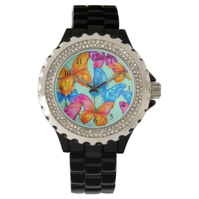 Farbenfrohe Schmetterlingsmuster Armbanduhr (Vorderseite)