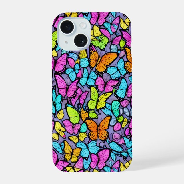 Farbenfrohe Schmetterlingsmuster - Fall iPhone 15 Hülle (Rückseite)