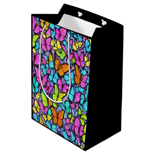 Farbenfrohe Schmetterlingsmuster Mittlere Geschenktüte (Rückseite Schrägansicht)