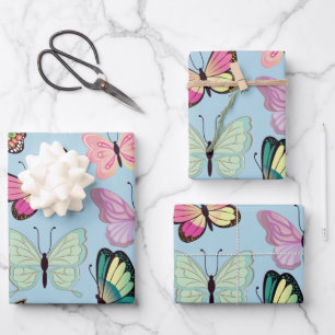 Farbenfrohe Schmetterlingsmuster Pastell Light Blu Geschenkpapier Set