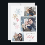 Farbenfrohe Schneeflocken 4 Fotos Gute Ferien Feiertagskarte<br><div class="desc">Diese moderne Weihnachtskarte aus 4 Fotos bietet farbenfrohe Schneeflocken in Blau,  Gold,  Rosa und Grau. Die Begrüßung "Happiest Holidays" erscheint in einer Kombination aus geschwungenen und handgeschriebenen Stiltexten. Personalisieren Sie mit Ihren Fotos,  Name und Jahr Ihrer Familie.</div>