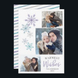 Farbenfrohe Schneeflocken Foto Lila, warme Wünsche Feiertagskarte<br><div class="desc">Diese skurrile 3 Foto Weihnachtskarte bietet Winterschneeflocken in lila,  staubblauer,  grauer,  staubiger lila und aquamariner Farbe. Der Gruß "Warmest Wishings" erscheint in einer Kombination aus geschwungenen und handgeschriebenen Texten. Personalisieren Sie mit Ihren Fotos,  Name und Jahr Ihrer Familie.</div>