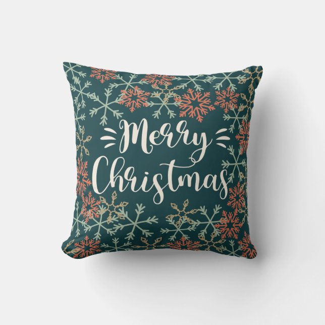 Farbenfrohe Schneeflocken Frohe Weihnachtstypograf Kissen (Vorderseite)