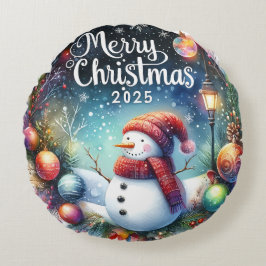 Farbenfrohe Schneemann & Ornamente Weihnachten Kis Rundes Kissen