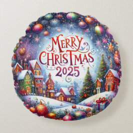 Farbenfrohe Schneemann & Ornamente Weihnachten Kis Rundes Kissen