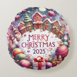 Farbenfrohe Schneemann & Ornamente Weihnachten Kis Rundes Kissen