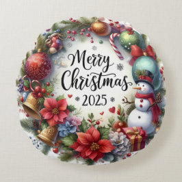 Farbenfrohe Schneemann & Ornamente Weihnachten Kis Rundes Kissen