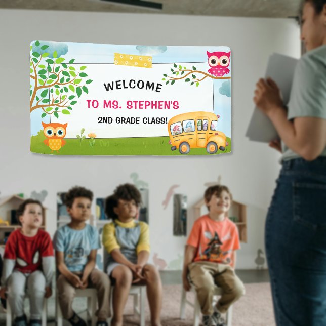 Farbenfrohe Schulbuslehrerin Klassenzimmer Begrüßu Banner (Colorful School Bus Teacher Classroom Welcome Sign)