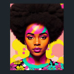 Farbenfrohe Schwarze Frau Afro Pop Kunst Poster<br><div class="desc">Dieses Kunstwerk im Stil eines Pops besticht durch eine wunderschöne schwarze Frau mit einer großen Afro-70er-Ästhetik mit etwas Blume-Power und Ohrringen. Eine lebendige Melanin-Schönheit mit natürlichem Haar in einem kühlen,  vielfarbigen digitalen Kunstwerk. Cyan,  Magenta pink und gelb Farbe mit etwas Pfirsich.</div>