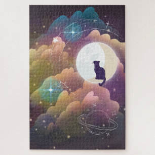 Farbenfrohe schwarze Katze Crescent Moon