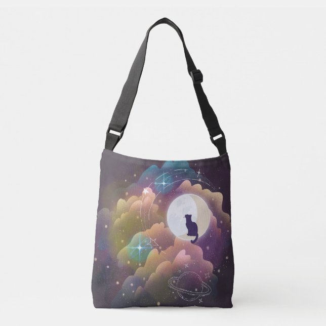 Farbenfrohe schwarze Katze Crescent Moon Tragetaschen Mit Langen Trägern (Vorderseite)