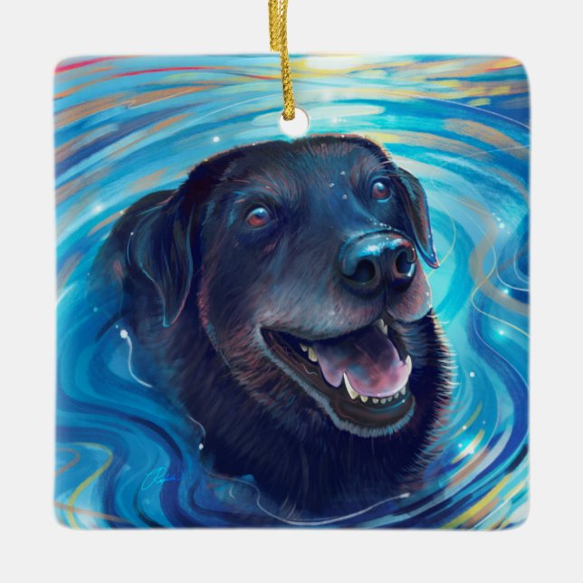 Farbenfrohe schwarze Labrador Malerei Hund Weihnac Keramikornament (Vorderseite)