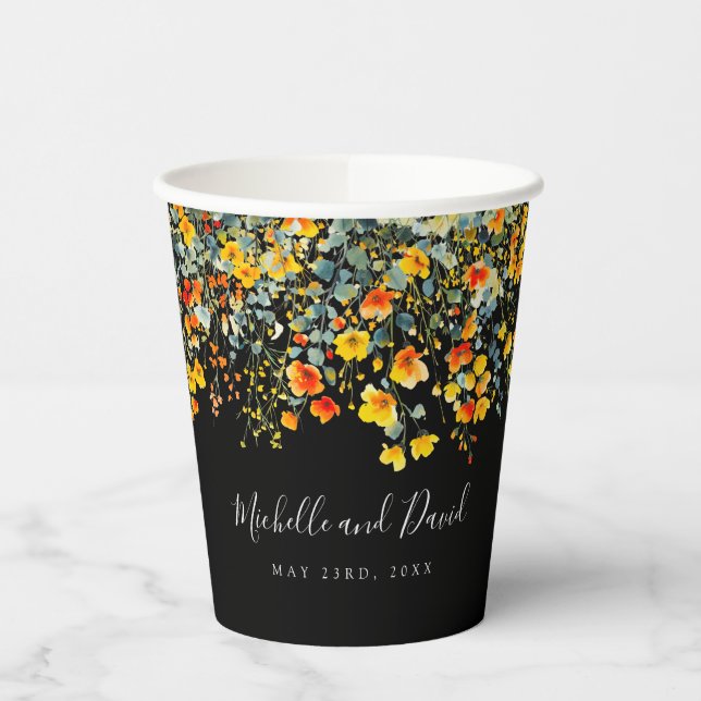 Farbenfrohe Schwarze Wasserfarbe Blumenzehen Pappbecher (Links)