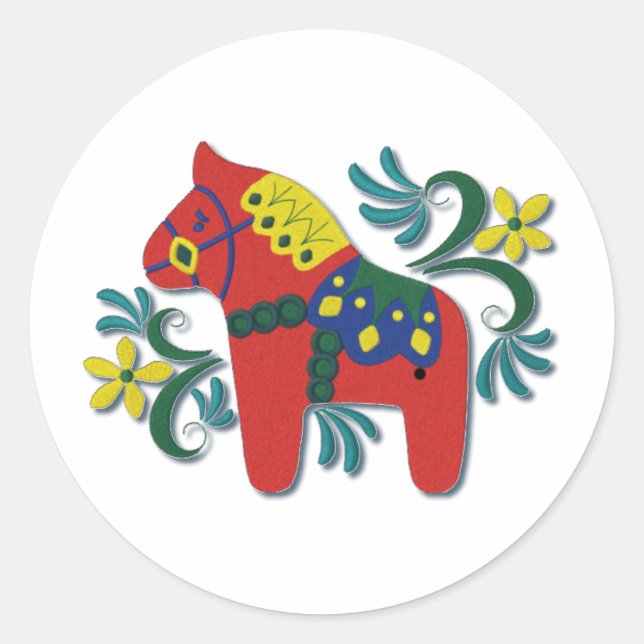 Farbenfrohe schwedische Dala Horse Runder Aufkleber (Vorderseite)