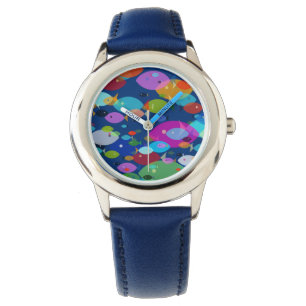 Farbenfrohe Schwimmfische Abstraktes Muster Blau Armbanduhr