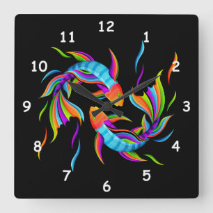 Farbenfrohe Schwimmfische oder Yin und Yang-Symbol Quadratische Wanduhr