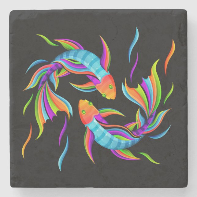 Farbenfrohe Schwimmfische oder Yin und Yang-Symbol Steinuntersetzer (Vorderseite)
