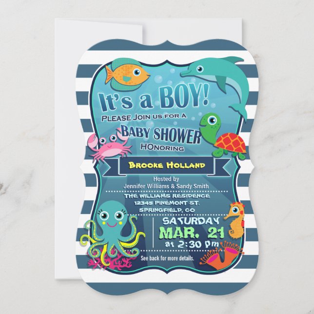 Farbenfrohe Sea Life Boy Kinderdusche Einladung (Vorderseite)
