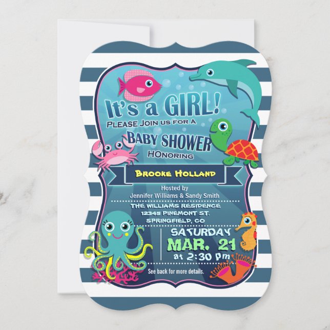 Farbenfrohe Sea Life Girl Kinderdusche Einladung (Vorderseite)