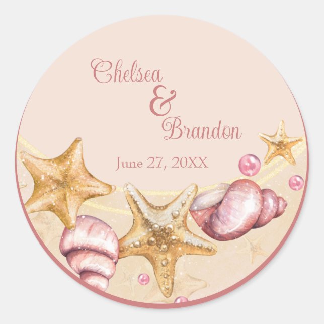 Farbenfrohe Seashell Wedding Classic Round Sticker (Vorderseite)