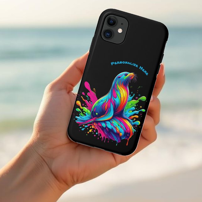 Farbenfrohe Seelenspalte Case-Mate iPhone Hülle (Colorful Sea Lion Splash-Fisherman Core-Dopamine Dressing-Summer Phone Case-Beach Phone Case-Black)