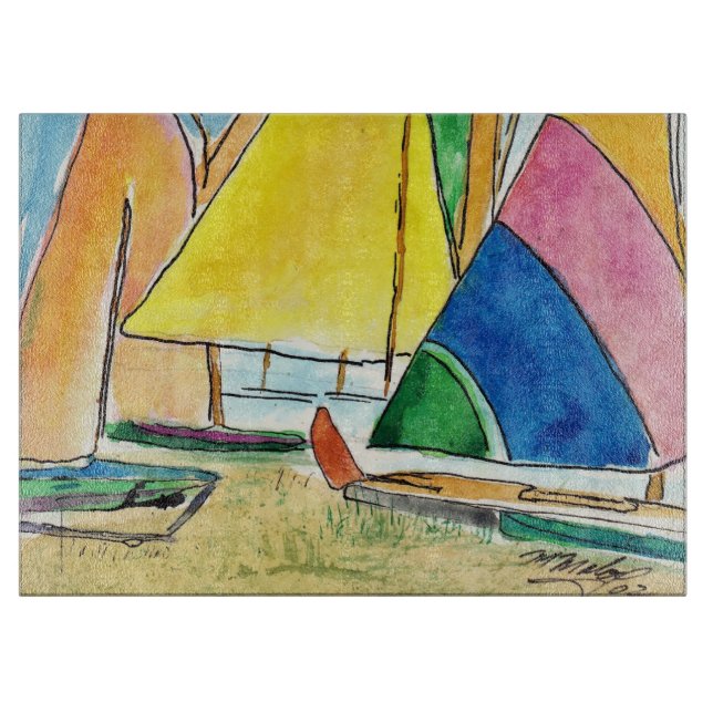 Farbenfrohe Segelboote auf der Strandhaube Schneidebrett (Vorderseite)
