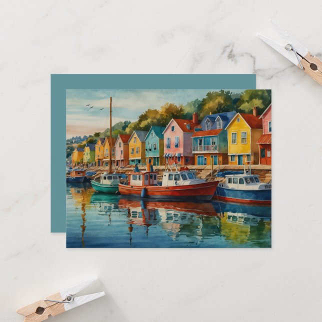 Farbenfrohe Segelboote in Marina Grußkarte Einladung (Vorderseite/Rückseite Beispiel)
