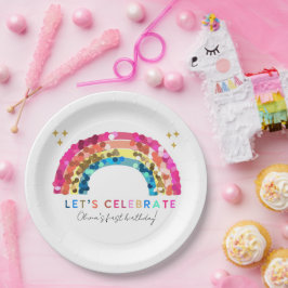 Farbenfrohe Sequin Regenbogengeburt jedes Alters Pappteller