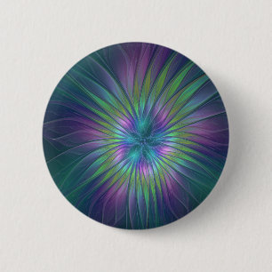 Farbenfrohe Shiny Fantasy Blume Abstraktes Fraktal Button