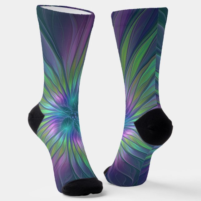 Farbenfrohe Shiny Fantasy Blume Abstraktes Fraktal Socken (Gewinkelt)