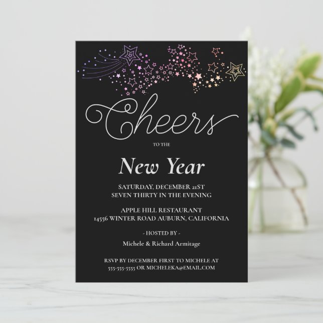 Farbenfrohe Shooting Stars Neujahr Einladung (Stehend Vorderseite)