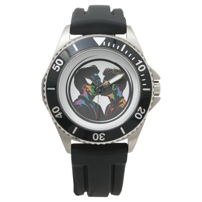 Farbenfrohe Silhouette des Niedlichen Schwulenpaar Armbanduhr (Vorderseite)